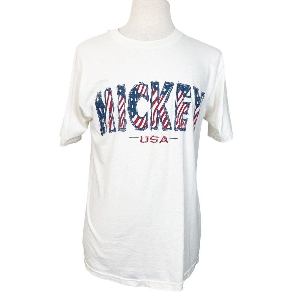 Vintage Mickey Mouse T-Shirt Large White Single Stitch USA American Flag